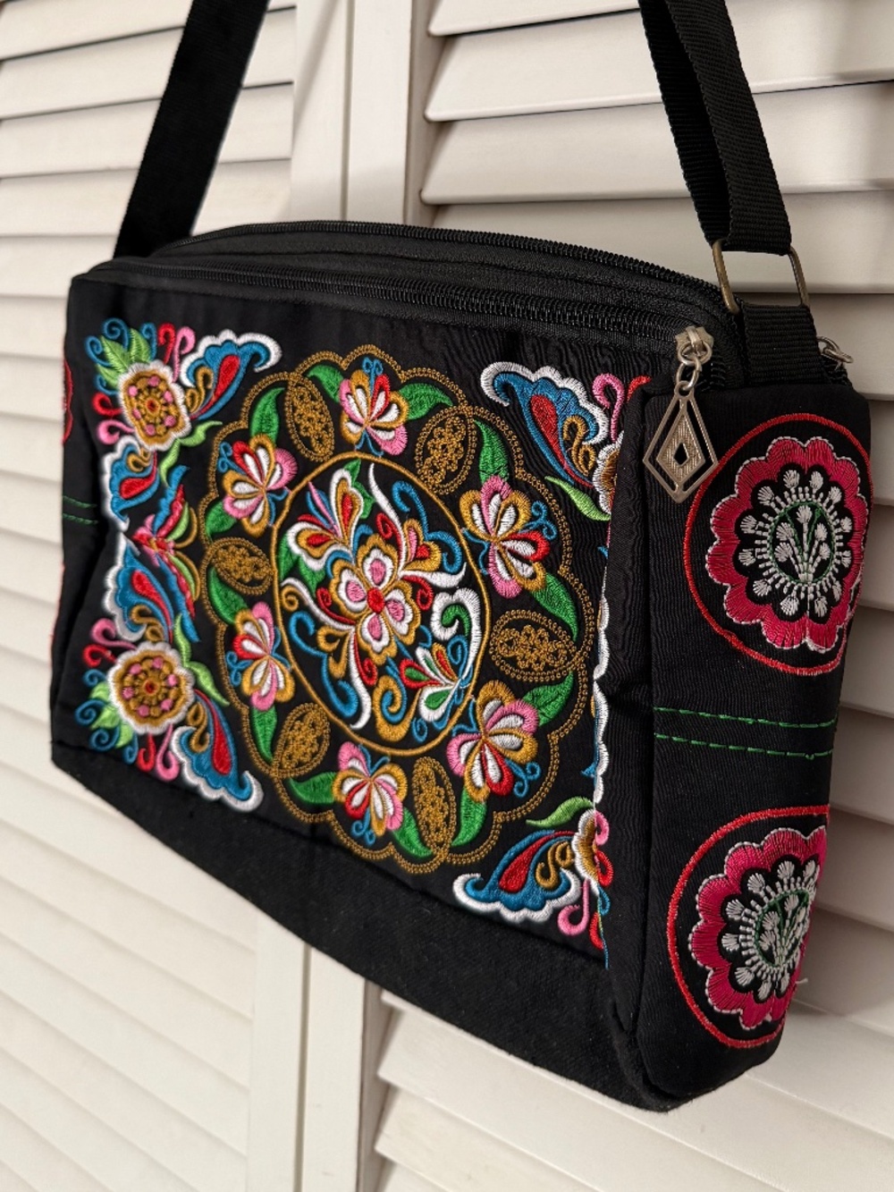 Vintage Ethnic Colorful Black Canvas Embroidered Handbag Purse Adjustable Strap